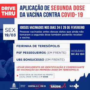 Teresópolis terá drive-thru para 2ª dose da vacina contra COVID-19 para idosos vacinados nos dias 24 e 26 de fevereiro