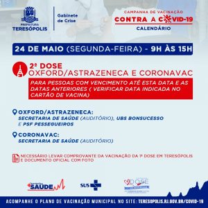 Teresópolis divulga calendário da vacinação contra COVID-19 de 24-05 a 26-05-2021