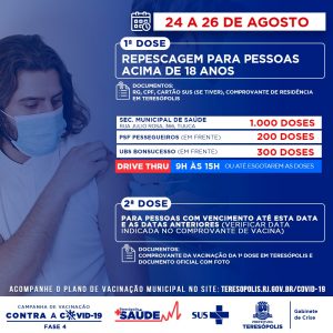 Prefeitura de Teresópolis fará repescagem da primeira dose nos dias 24, 25 e 26 de agosto para toda a população até 18 anos de idade