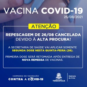 Repescagem de vacina contra a Covid-19 cancelada nesta quinta feira, 26