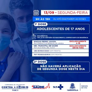 Teresópolis aplicará a primeira dose contra a Covid-19 em adolescentes de 17 anos, na segunda-feira (13)