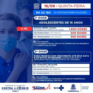 Teresópolis aplicará a primeira dose em adolescentes com 16 anos, na quinta 16