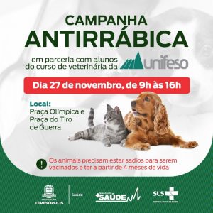 Teresópolis terá ação de vacinação contra a raiva para cães e gatos neste sábado 27