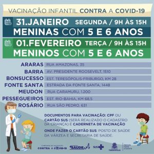 Teresópolis aplica vacina contra a Covid-19 em crianças de 5 e 6 anos sem comorbidades, dias 31 e 1º