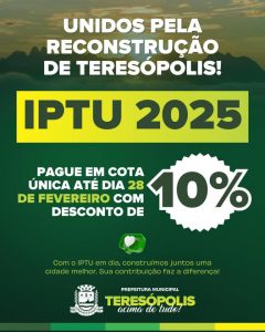 IPTU 2025 - Cota única paga até 28 de fevereiro tem 10% de desconto em Teresópolis IPTU 2025 - Cota única paga até 28 de fevereiro tem 10% de desconto em Teresópolis