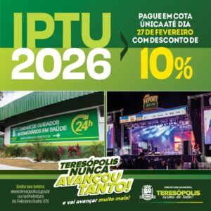 IPTU 2026 Teresópolis- Cota única com 10% de desconto só até o dia 27 IPTU 2026 Teresópolis- Cota única com 10% de desconto só até o dia 27